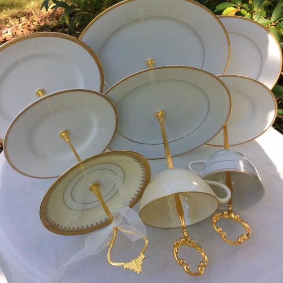 White Gold Wedding, 3 TIER CAKE STAND, Mixmatched Plates, Bridal Luncheon, Bridal Party, Holiday Decor Il_570xn