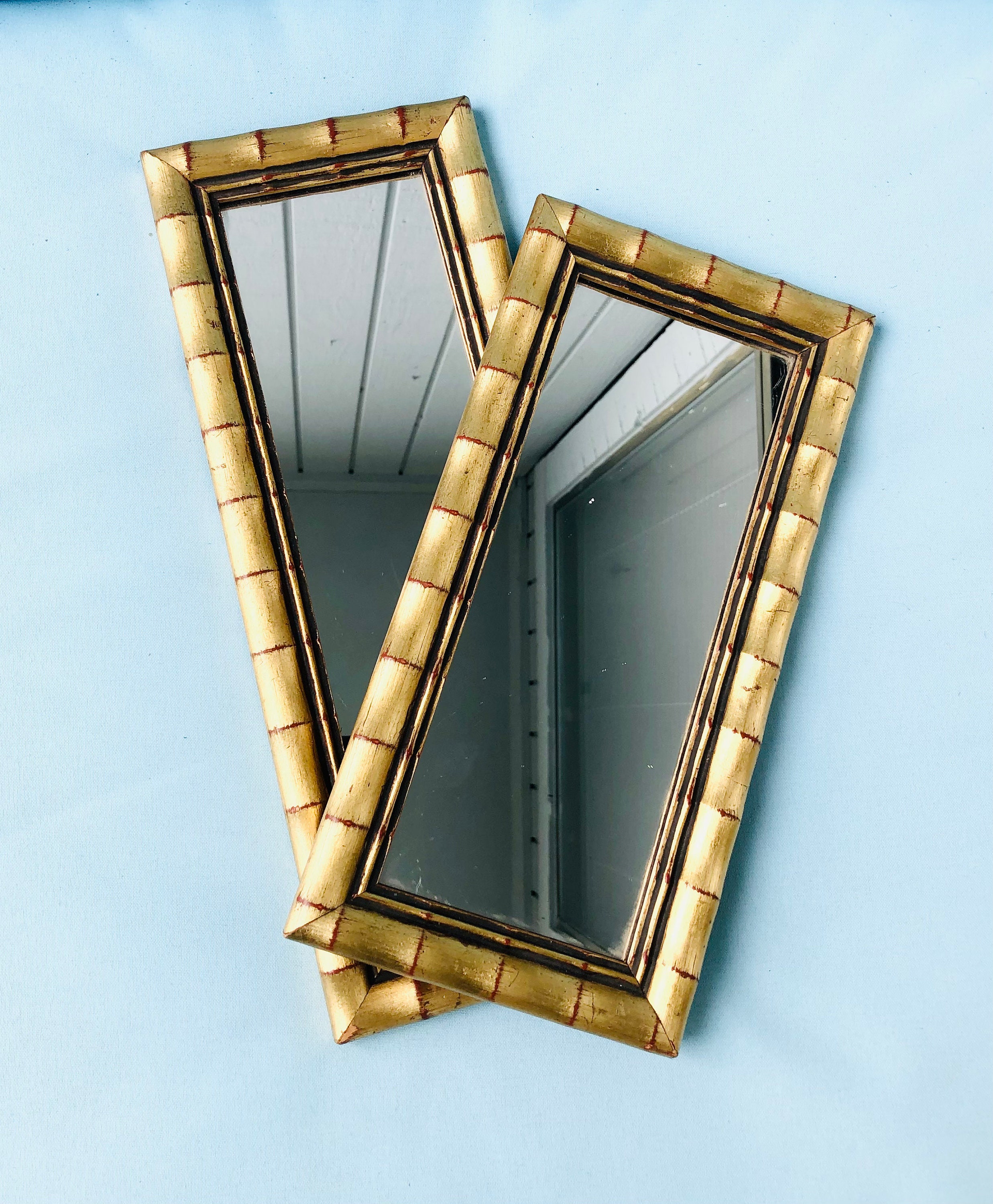VINTAGE BAMBOO MIRROR, Gilt Wood, Wall Hanging, Chinoiserie