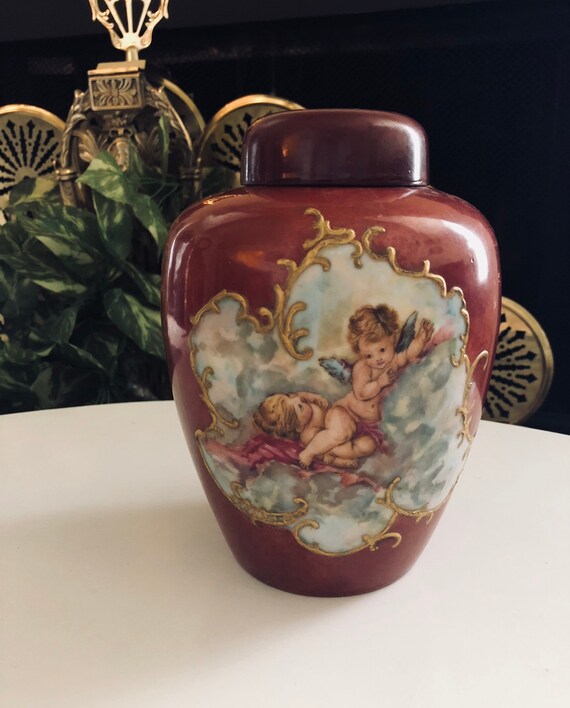 VINTAGE GINGER JAR Angels Cherub Chinoiserie Maroon Brown Antique Il_570xn