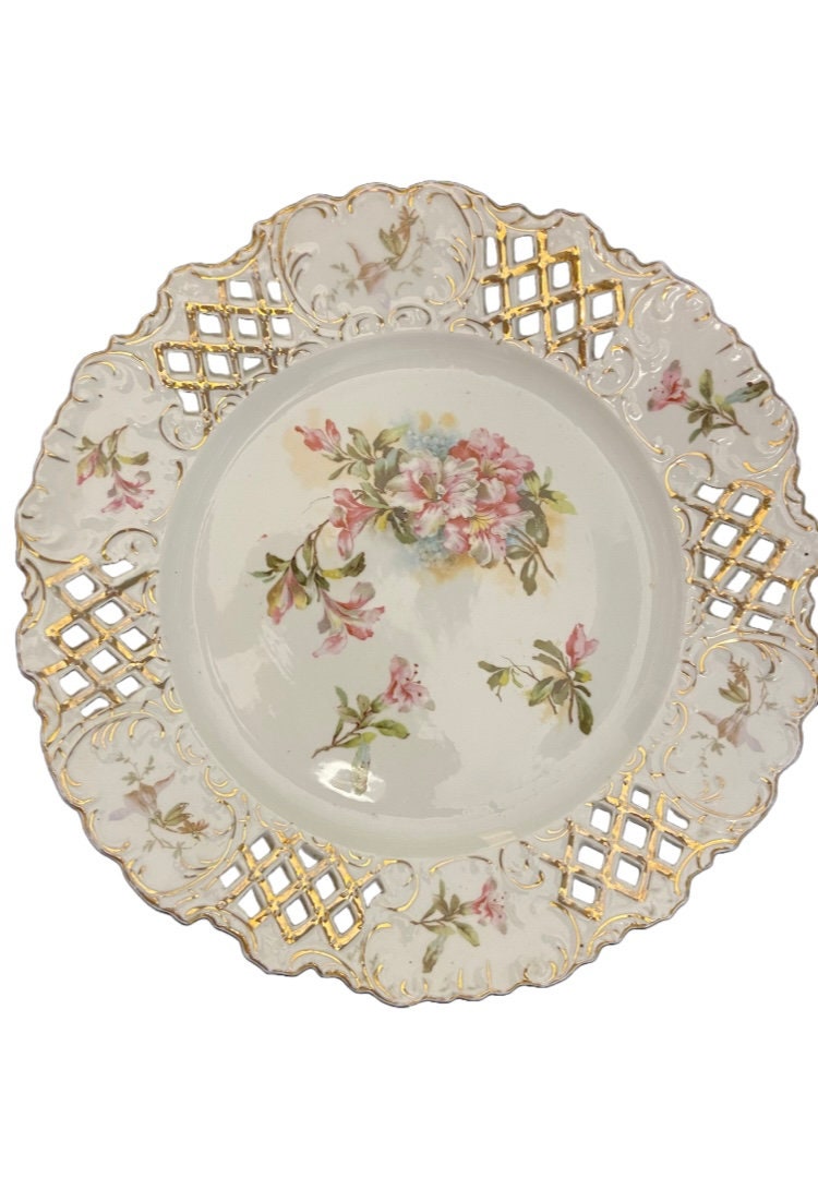 ANTIQUE PIRCED PLATE, Jumbo Plate, Apple Blossom, Floral Porcelain, Porcelain Platter