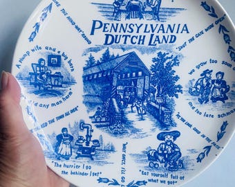 Vintage Pennsylvania Dutch Land Plate Blue White Folk Art Proverbs Covered Bridge Wall Decor