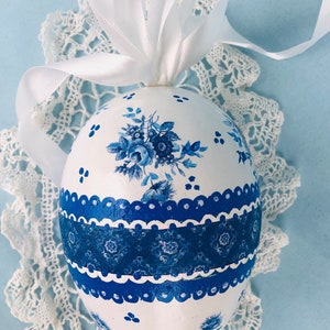 BLUE WHITE Egg, Easter Decor, Jumbo Big,Gift , Chinoiserie Chic, Rose Floral image 3