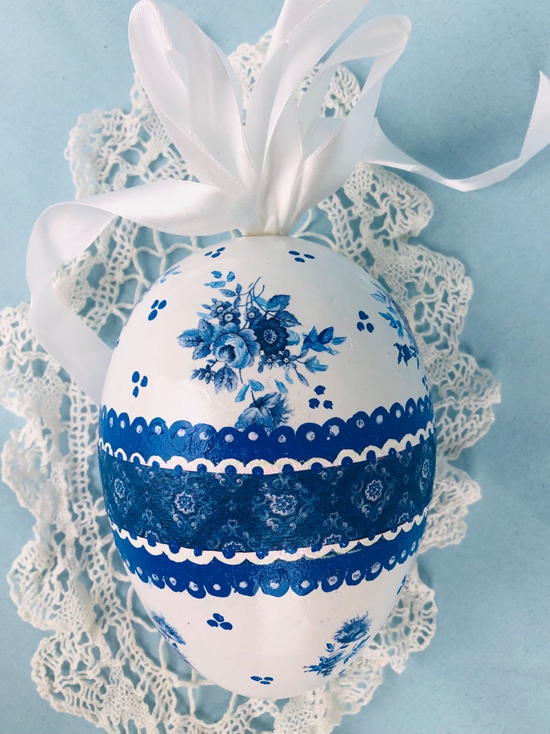 BLUE WHITE Egg, Easter Decor, Jumbo Big,Gift , Chinoiserie Chic, Rose Floral image 3