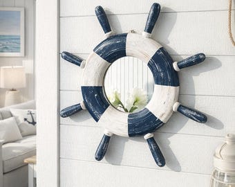 Vintage Blue & White Ship Wheel Mirror: Coastal Beach House Decor