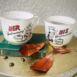 His and Her Retro Mugs | Vintage Porcelain Coffee Cups | Couple Gift | Rustic Kitchen Decor | Neutral Tones |10 oz