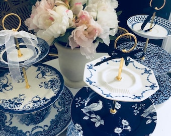 Blue & White 3-Tier Cake Stand: Gold Trimmed Porcelain Serving Tray