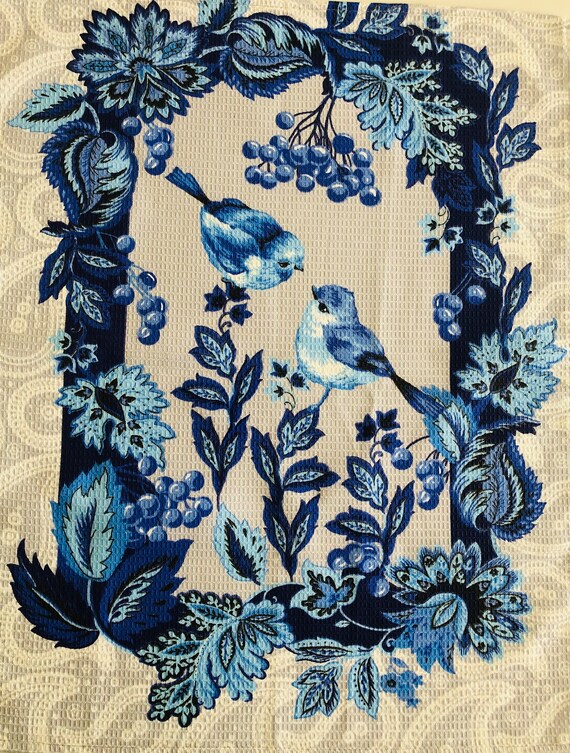 BLUE WHITE, Cotton Kitchen Dish Towel, Blue White, Rectangular ,Chinoiserie Decor, Linens, Winter Birds,Holiday Gift Il_570xn
