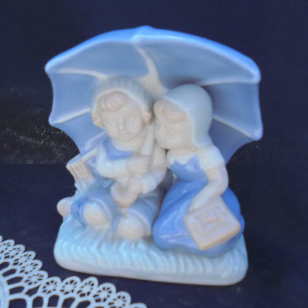 BLUE WHITE FIGURINE, Denmark Collectibles, Kids Under Umbrella, Royal Copenhagen, Blue White Porcelain