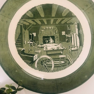 VINTAGE JUMBO TRANSFERWARE Green Collectible Plate, Colonial Homestead by Royal, Platter 13.5”, Rustic Style