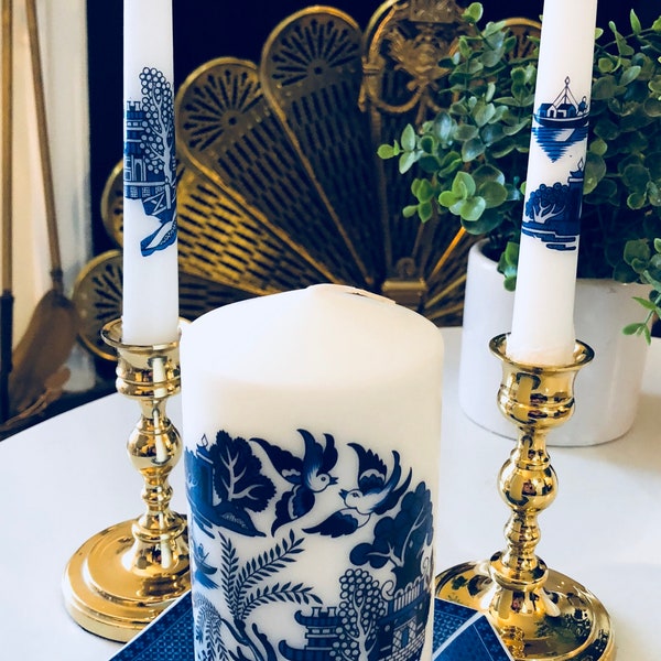 BLUE WILLOW CANDLE Chinoiserie Chic, Wedding Decor,Home Decor, Gift Idea, Bridal Gift, Housewarming Gift, Canton Candle Flameless Taper