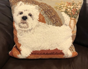 WHITE DOG PILLOW, Vintage Embroidery,  Cross Stitch, Dogs Lovers, Bichon Poodle Maltese, Small Puppy, Animal Decor