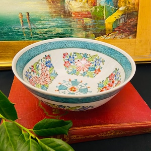 VINTAGE Large Centerpiece Bowl, ORIENTAL Hand Painted Footed Bowl, Chinoiserie Chic, Ceramic Bowl, TURQUOISE