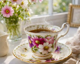 Royal Albert October Teacup and Saucer Cosmos Flower Bone China Vintage England Gift Set