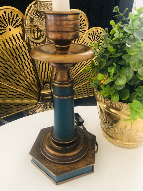 VINTAGE BRASS LAMP, Colonial Williamsburg Blue, Classic Style, Rustic Decor Il_570xn