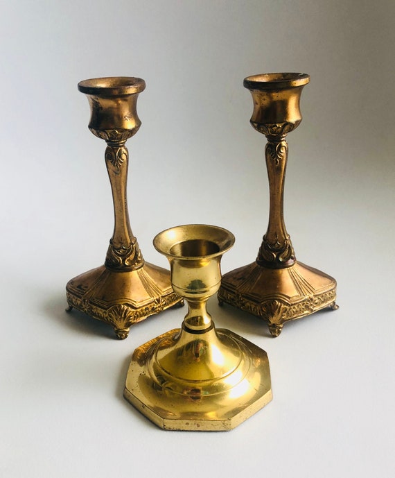 VINTAGE BRASS CANDLEHOLDERS, Set Of 3, Home Decor Il_570xn
