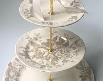 Three-Tier Porcelain Cake Stand: Rose Pattern Plates, Satin Ribbon Accent, Fall Wedding & Birthday Decor