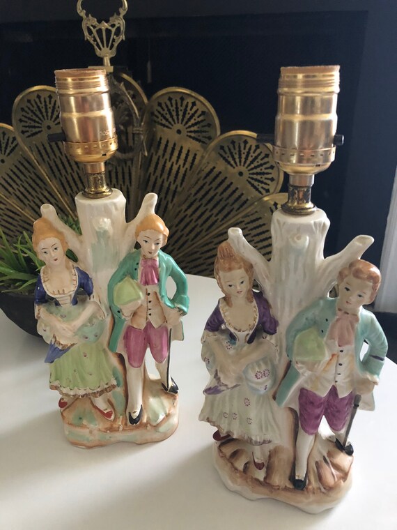 VINTAGE LAMP JAPAN Porcelain Figurine Boudoir Table Pair Set Of 2 Il_570xn