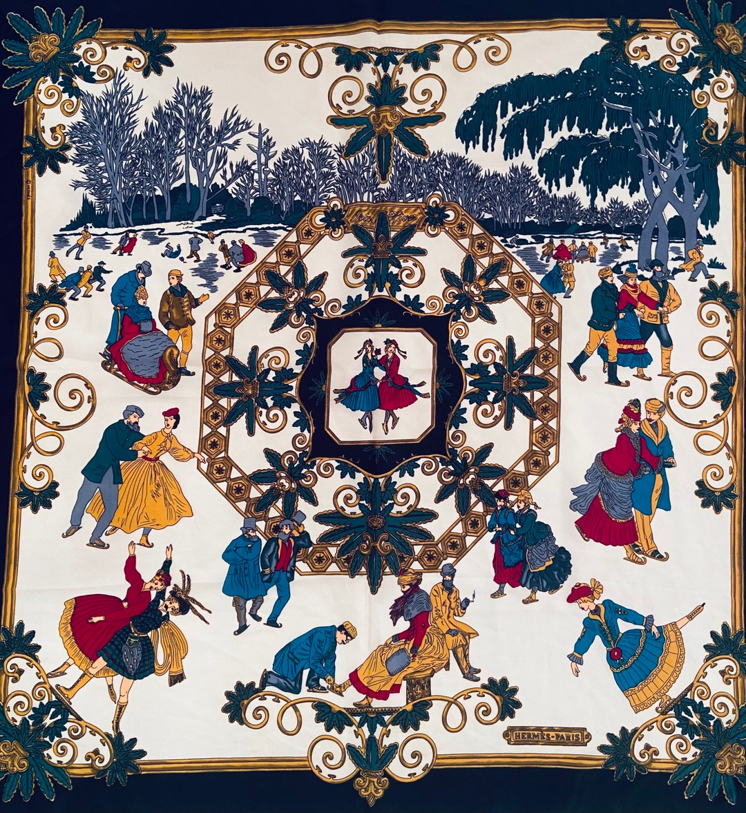 ⭐️美品HERMES Joies d’ Hiver カレ90 透かし風プリント Hermes Joies D'hiver Vintage Silk Scarf Made in France - Etsy