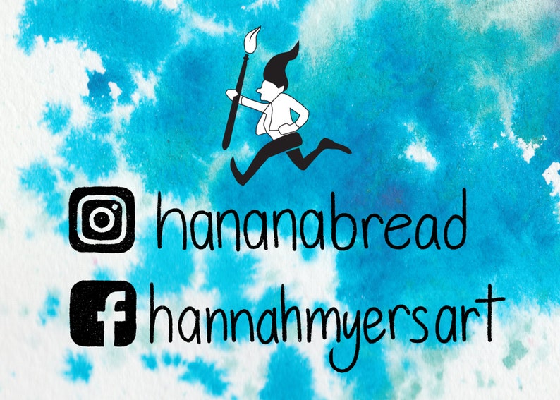 May include: A blue and white tie-dye background with a black and white illustration of a person running with a paintbrush. The text "hananabread" and "hannahmyersart" are below the illustration with Instagram and Facebook icons.