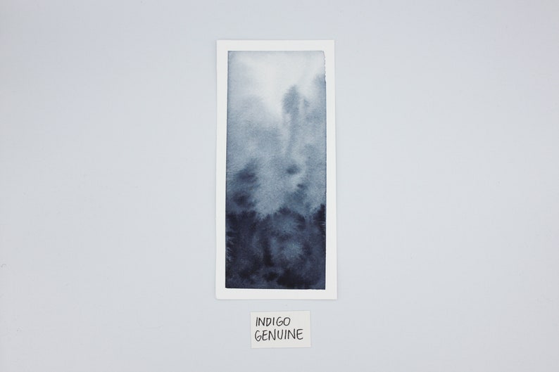 May include: A framed watercolor painting of a gradient of blue shades, from light to dark. The painting is titled "Indigo Genuine".