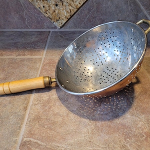 Vintage Copper Colander/Strainer, Tin Lined, Wooden Handle, Brass Fittings
