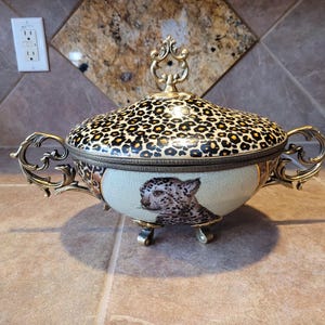 Antique Large Dominic Hand Painted Enamel Crackle Glaze Porcelain Centerpiece, Bowl Brass Footed Base, Handles and Lidded Top