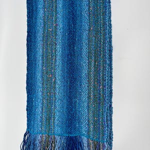 May include: A blue and green striped woven scarf with fringe on the ends.