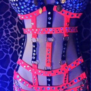 May include: A black and pink lingerie set with a bustier top and a matching bottom. The bustier has a black mesh base with rhinestones and gold coins. The straps are pink and black. The bottom is a pink thong with a black mesh overlay and rhinestones.