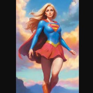 May include: A woman dressed as a superhero, wearing a blue and red costume with a cape and a yellow belt. She has long blonde hair and is standing in front of a colorful sunset.