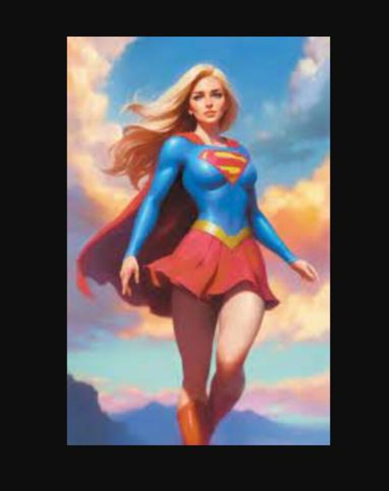 May include: A woman dressed as a superhero, wearing a blue and red costume with a cape and a yellow belt. She has long blonde hair and is standing in front of a colorful sunset.