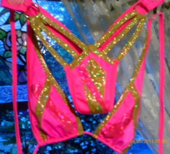 Etsy Etsy Stripper Clothes Two Piece Pink & Gold Spider Thong Set.  Triangle top with metallic embellishments.