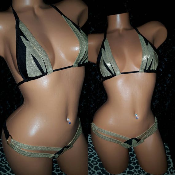 Two Piece Exoticwear Stripper Clothes Thong Set Metallic and two colors Triangle top with embellishments Spandex 4 way stretch hand made.