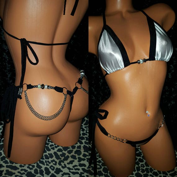 Two Piece Quality Handmade Exoticwear , Ceramic Beads. Chains, Embellished,Long Ties-on-the-Side Thong,Triangle top Stripper Outfit Lingerie