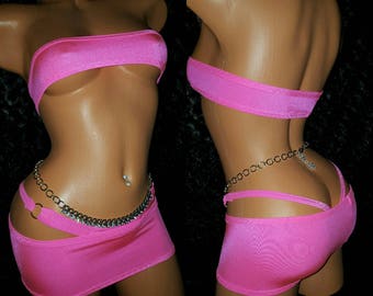 Tube Top Set, Mini Skirt Band-Aid Style, Thong, Stripper Outfit, Stretch, any color available Exotic Custom Made Dancewear