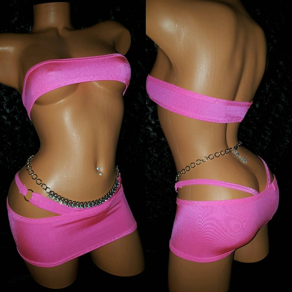 Tube Top Set, Mini Skirt Band-Aid Style, Thong, Stripper Outfit, Stretch, any color available Exotic Custom Made Dancewear
