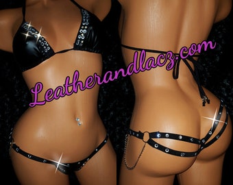 Exotic Custom Made Dancewear  Stripper Thong Set Vinyl Cosplay Fabric Hand Made.  Rhinestones two strap thong, Fetish Wear, Adult Chains