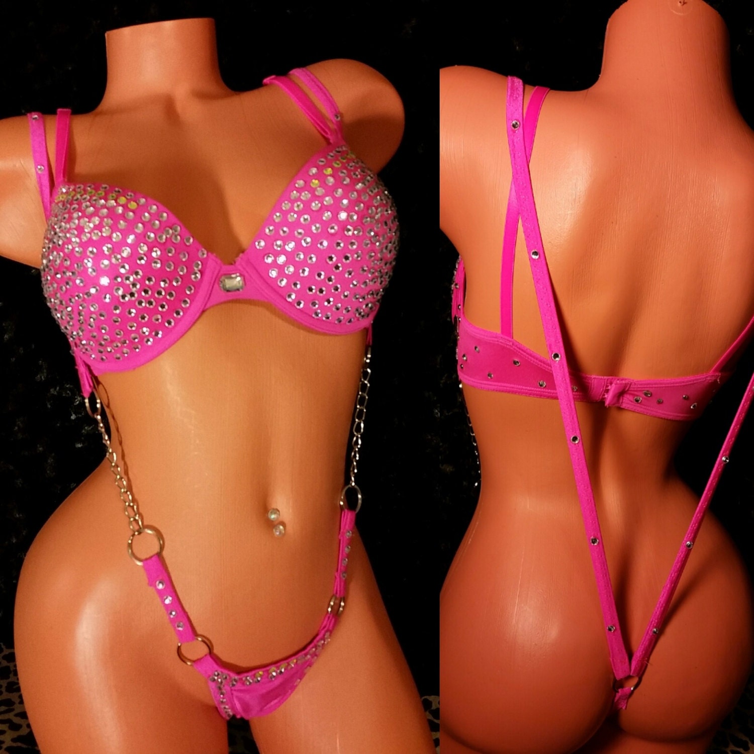 Etsy Bra Hot Pink Push Up Bra Set W Sling Shot Thong Rhinestones Chains Custom Made Stripper
