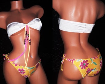 Handmade String Bikini: White Tube Top, Floral Bottoms