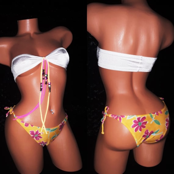 Two Piece String Bikini Hand Made White Tube Top with Beads & Tie,Swimwear, Exotic-wear, Bottom String or French Cut Optional Bottoms