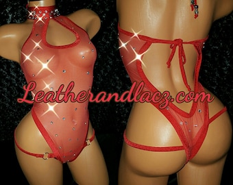 Classy High Neck One-Piece "Onesie" Teddy w/Matching Thong, Custom Made Exotic Dance-wear, Stripper Outfit