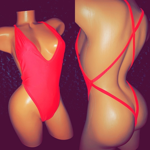 One Piece Exoticwear, Stripper Outfit, Teddy, Thong, Onesie w/ Criss-Cross Strings Neon Colors, Handmade, Sling-Thong, Romper, Sexy Lingerie