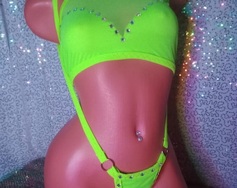Neon Rhinestone Stripper Outfit, Stretch Net Exotic Dancewear