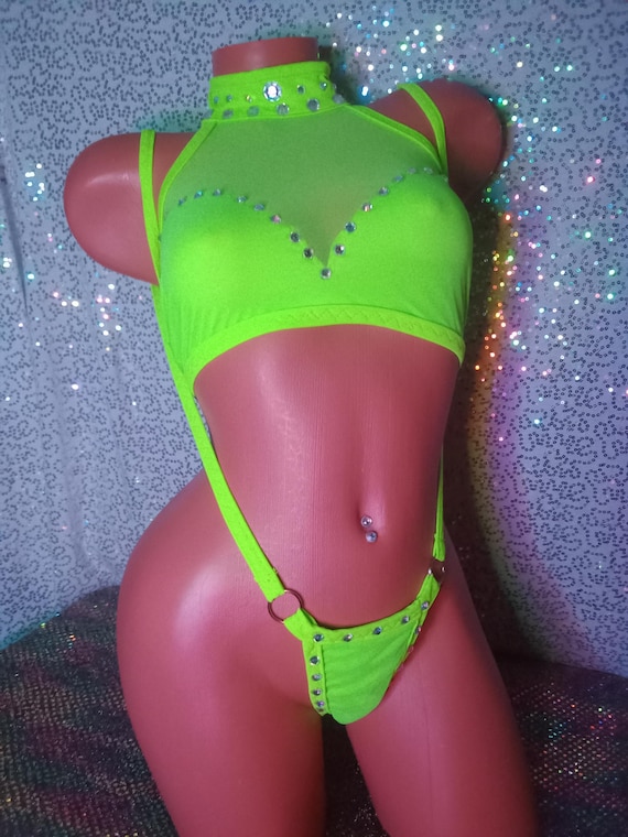 Stretch Net, Neon, Glow, Sling-shot Thong, Stripper Outfit, Exotic Dancewear, Rhinestones, w/Crop Top ties in back, Hand Made, or Black, Red