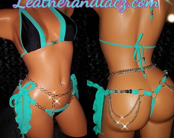 Two Piece Bikini w/Quality Crystal Stones. Custom Made, Exotic Dancewear,  Tie-on-the-Side Thong w/chians. (belly chain  sold separately)