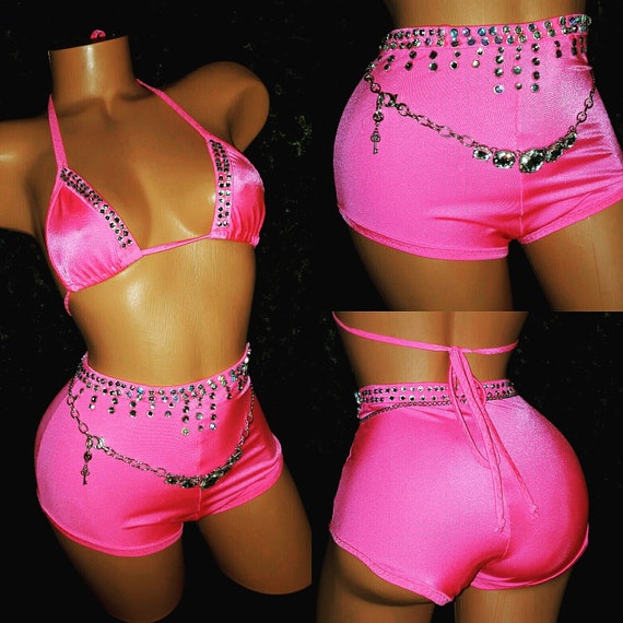 Etsy Exoticwear Stripper Outfits Booty Shorts, Hand Made Choker, Triangle Top, Rhinestones Exotic Clothes Stripper Clothes Sexy Pole Dancer