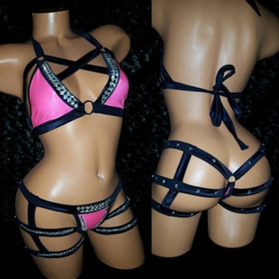 2 Piece Thong Set Authentic Imperial Stones.  Cage Set w/Straps. Custom Made Rhinestone Spandex Exotic Dancewear, Stripper Outfit