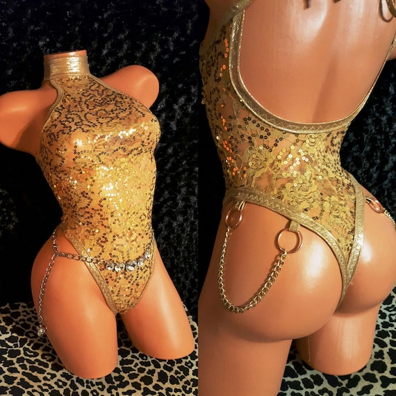 One Piece Stripper Outfit w/Rear Chains &  Sequins Stretch Lace high end Exotic Dance wear, Stripper Outfit (belly chain sold separately).