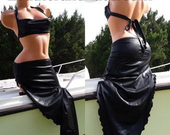 Full Length Skirt and Crop Top Beach, Pool Side Outfit Sexy, Exoticwear, Stripper Outfit, Classy, Crushed Velvet or Black Wet Look Any Color