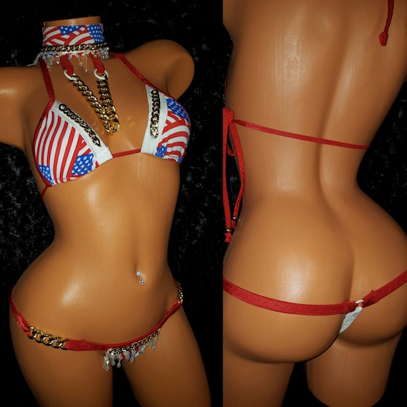 U.S.A. Flag Stripper Oufit, Red, White, and Blue, Thong, Triangle Top, Choker, Exotic wear, Spandex stretch, Gold Chain, Beads, Hand Made