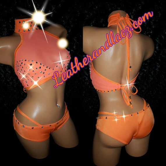 Three Piece High End Rhinestone See Thru Lined Stripper Outfit, Crop Top Adjustable, Thong and Booty Shorts Exotic-wear Hand Made, Neon